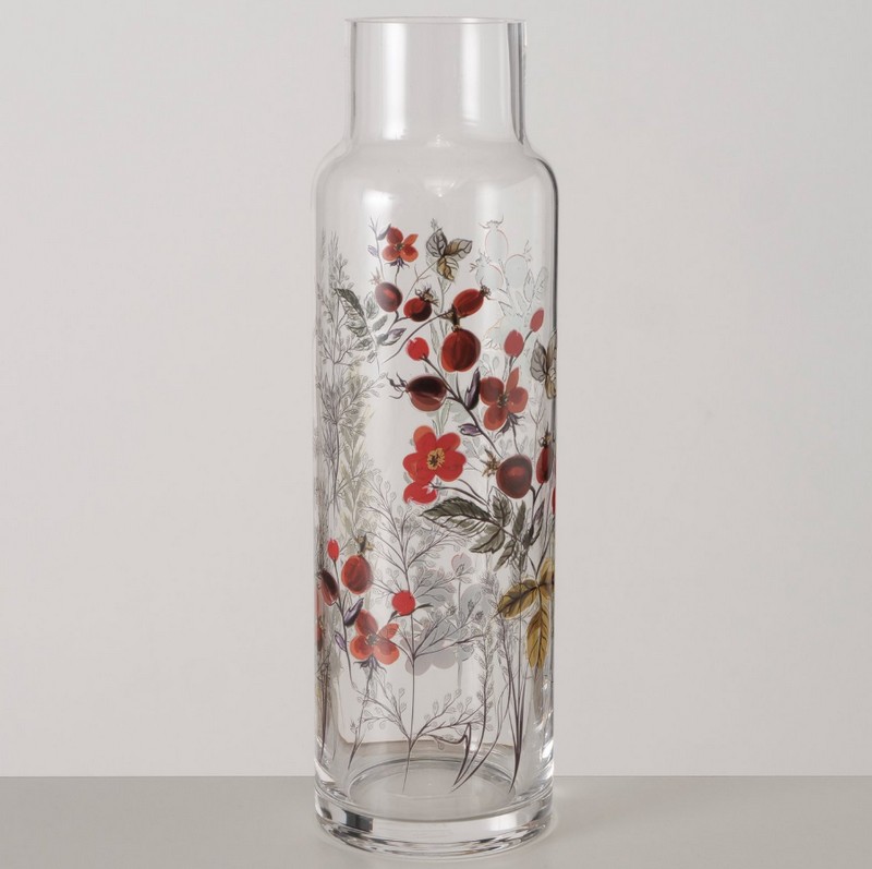 Vaso verticale in vetro decorato con rosa canina alto 30.5 cm, perfetto come decorazione autunnale